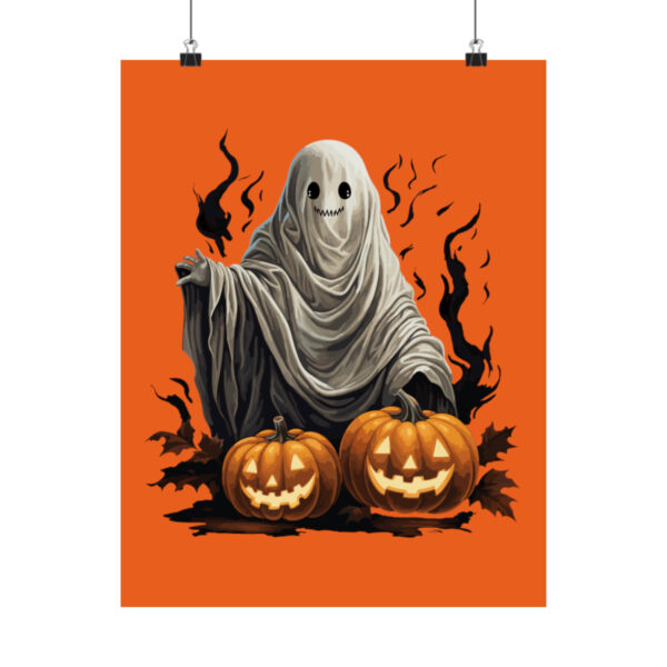 Smiling little ghost with two pumpkins matte vertical poster for Halloween