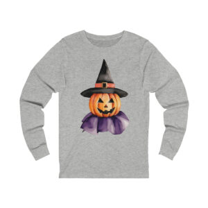 Unisex Jersey Long Sleeve Tee in heather gray with whimsical pumpkin in a witch's hat design, Airlume combed cotton for comfort