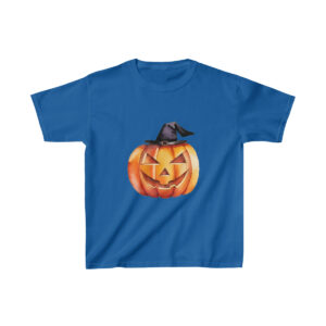 Kids Heavy Cotton Tee in blue with whimsical pumpkin and witch's hat design, pure cotton for everyday comfort