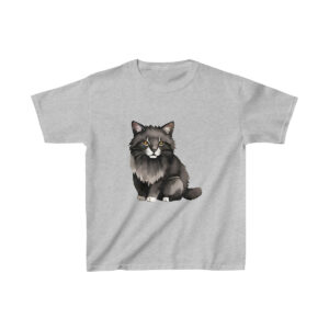 Kids Heavy Cotton Tee in gray with cute black cat design, 100% cotton and heather blends for everyday comfort