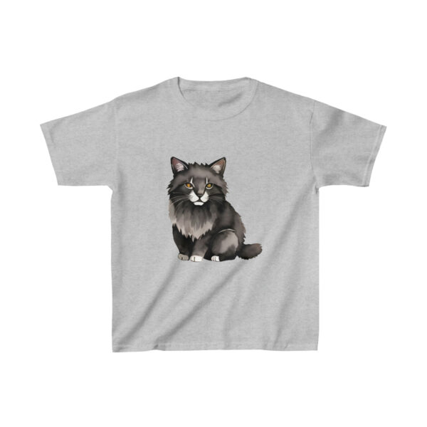 Kids Heavy Cotton Tee in gray with cute black cat design, 100% cotton and heather blends for everyday comfort