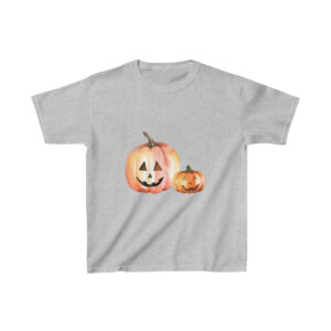 Kids Heavy Cotton Tee in heather gray with a large and small pumpkin design, 100% cotton for comfort