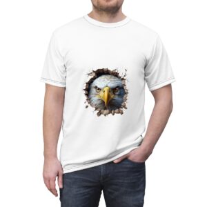 White unisex cut and sew tee with eagle burst design