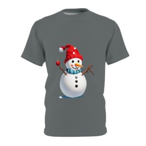 Tee - Snowman wearing a red Santa hat, blue striped scarf, and extending its branch arms."