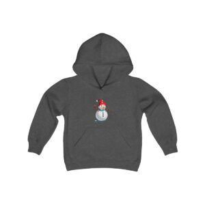 Sweatshirt - Snowman wearing a red Santa hat, blue-striped scarf, and holding out branch arms.