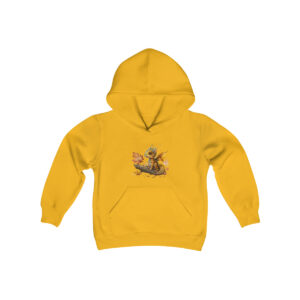 Youth Heavy Blend Hooded Sweatshirt in bright yellow with cute little dragon design, cotton-polyester blend for warmth