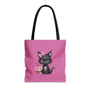 Halloween spirit all-over-print tote bag with black cat and pumpkin for durable, stylish festivities