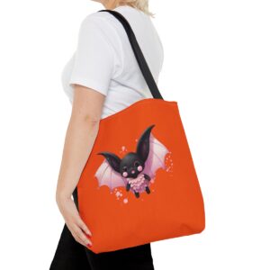 Step out in spooky style with a durable all-over-print tote bag featuring a Halloween bat design