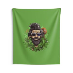 Transform living spaces with a high-quality indoor wall tapestry featuring a bold cannabis design