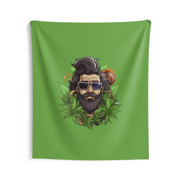 Transform living spaces with a high-quality indoor wall tapestry featuring a bold cannabis design