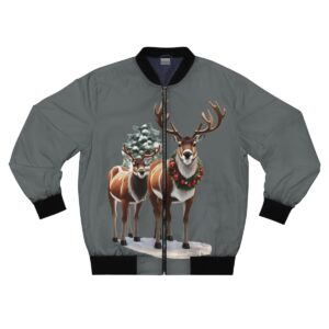 Jacket - Two festive reindeer in a snowy landscape with a snow-covered pine tree behind them.