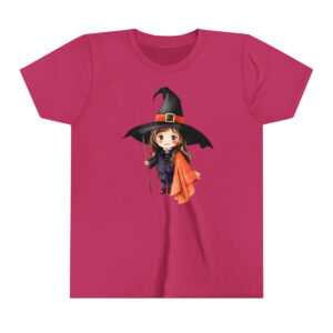 outh Short Sleeve Tee in vibrant pink with a cute witch design, soft airlume-combed cotton for comfort