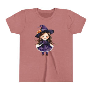 outh Short Sleeve Tee in mauve with cute witch design, made from soft airlume-combed cotton