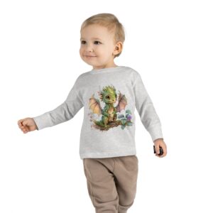 Toddler Long Sleeve Tee in heather gray with a cute little dragon design, made from combed ringspun cotton for sensitive skin