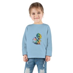 Toddler Long Sleeve Tee in light blue with an adorable little dragon design, soft combed ringspun cotton for sensitive skin