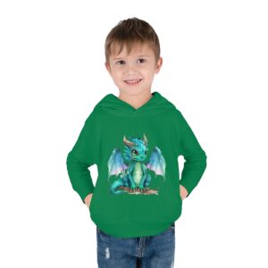 Toddler Pullover Fleece Hoodie in green with cute little dragon design, cotton-polyester blend for cozy wear