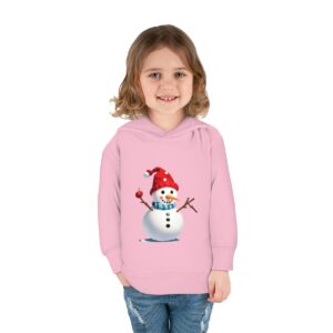 Pullover - Snowman donning a red Santa hat and a blue-striped scarf, holding a Christmas ornament.