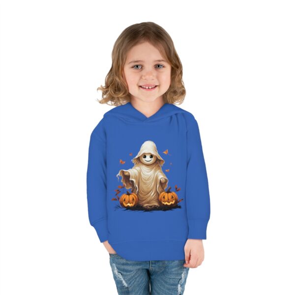 Toddler Pullover Fleece Hoodie in bright blue with fun ghost and pumpkins design, comfortable cotton-polyester blend