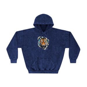 Text: Blue hand-dyed unisex mineral wash hoodie with tiger design