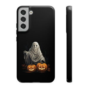 Tough phone case with cute little ghost and two pumpkins for Halloween protection