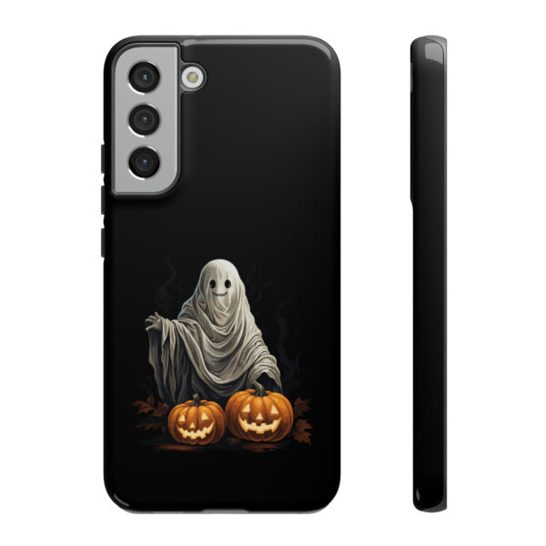 Tough phone case with cute little ghost and two pumpkins for Halloween protection