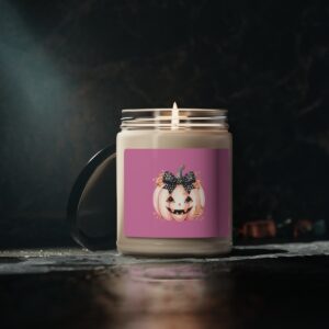 Illuminate Halloween with a 9oz scented soy candle featuring a festive pumpkin design for eco-friendly ambiance