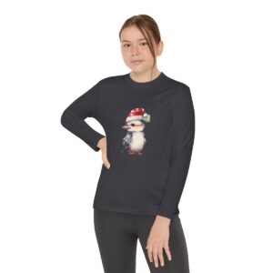 Youth Long Sleeve Competitor Tee with a charming bird in a Christmas hat, moisture-wicking polyester for active kids