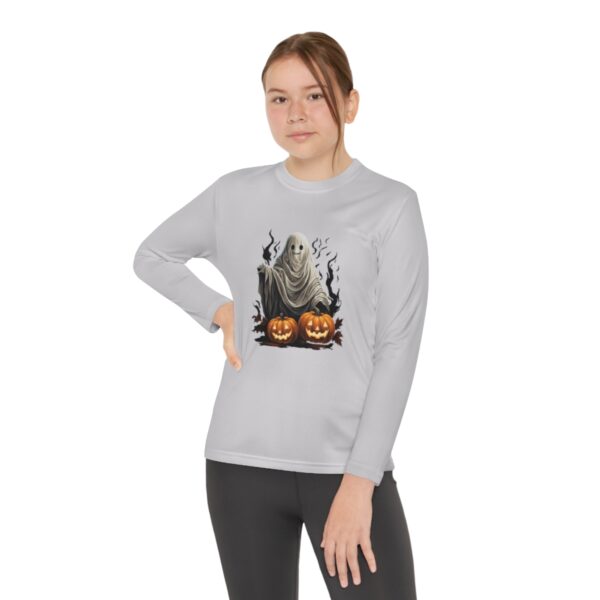 Youth Long Sleeve Competitor Tee in heather gray with two pumpkins and a ghost design, moisture-wicking polyester for active kids