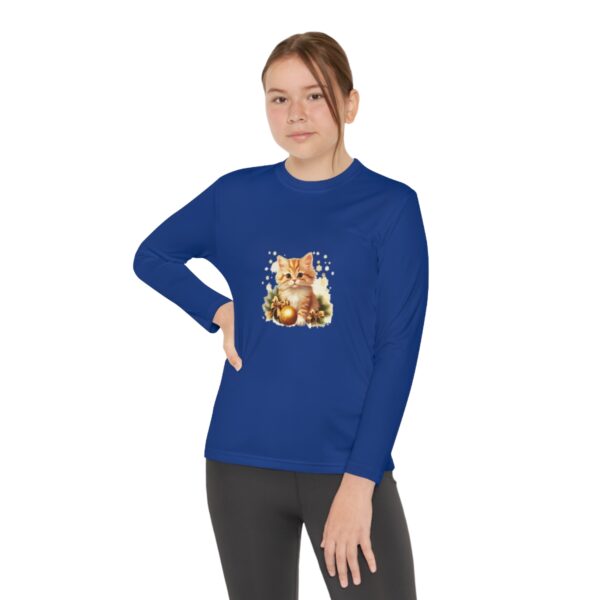 Youth Long Sleeve Competitor Tee with cute cat and Christmas tree ornament design, moisture-wicking polyester