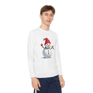 Tee - Snowman adorned with a red Santa hat, blue-striped scarf, and outstretched branch arms.