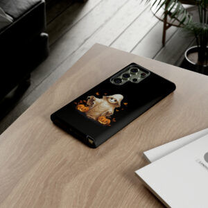 Tough phone case with cute little ghost and two pumpkins design for enhanced protection