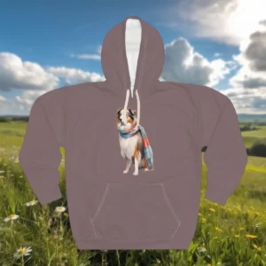 Hoodie featuring a design of a dog wearing a colorful scarf, set against a background of a sunny field with a blue sky and clouds.