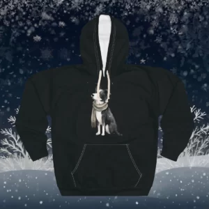 Border Collie Hoodie, set against a winter-themed background with snowflakes and frosty trees.