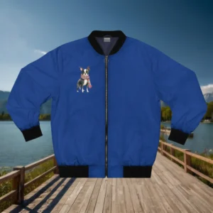 Flat lay of a blue bomber jacket with black cuffs and collar, displaying a small Boston Terrier with a red scarf on the chest, placed on a wooden dock near a lake.