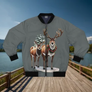 Flat lay of a grey bomber jacket with black trim, showcasing two festive reindeer in snow, one wearing a red ornament wreath, on a dock with a lake and mountain in the background.