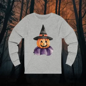 Halloween-themed long-sleeve shirt featuring a pumpkin wearing a witch hat and a purple cloak.