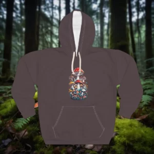 Hoodie with a mushroom-themed design featuring a colorful arrangement of various mushrooms.