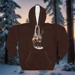 Hoodie featuring a design with two festive reindeer adorned with holiday decorations, set against a snowy forest background.