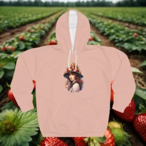 Light-colored hoodie featuring a vintage-style illustration of a woman wearing a hat decorated with strawberries, set against a background of a strawberry field.