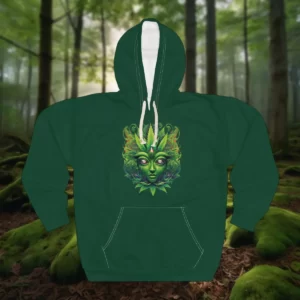 Hoodie with cannabis-inspired face design featuring intricate leaf patterns in a forest setting