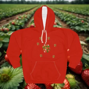 Red hoodie with a strawberry-themed design featuring small clusters of strawberries and leaves.