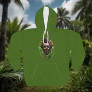 Hoodie featuring a cannabis-inspired design with a stylized bearded man wearing sunglasses surrounded by leaves.