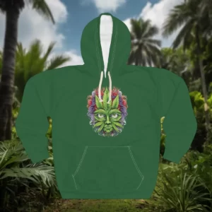 Hoodie featuring a vibrant design of a green face with intricate and colorful artistic details inspired by botanical themes.