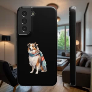 Black tough phone case featuring an illustration of a fluffy dog wearing a colorful scarf, displayed in a modern living room setting.