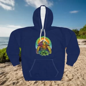 Hoodie featuring a vibrant design of a colorful turtle with a cannabis leaf, set against a radiant sunburst backdrop.