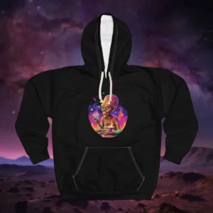 Hoodie featuring a colorful alien design holding a cannabis leaf, surrounded by a cosmic, psychedelic backdrop.