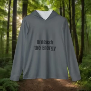 Men’s sports warmup hoodie with "Unleash the Energy" text on the front, displayed in a forest setting with sunlight streaming through the trees.