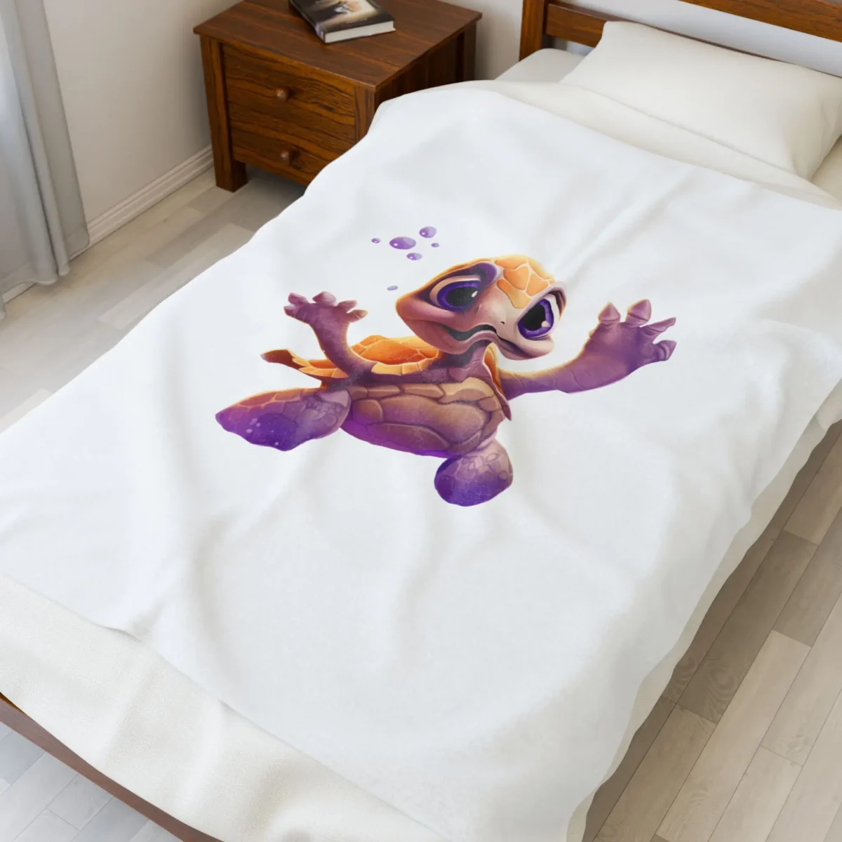 Velveteen plush blanket on a single bed with a vibrant cartoon turtle illustration in orange and purple