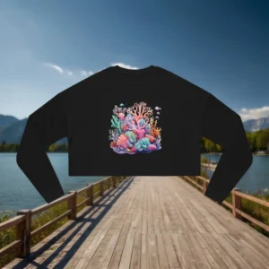 Flat lay of a black cropped sweatshirt with a bright coral reef and marine life design