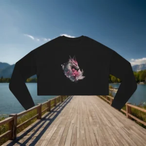 Flat lay of a black cropped sweatshirt with a watercolor dragon and pink floral graphic